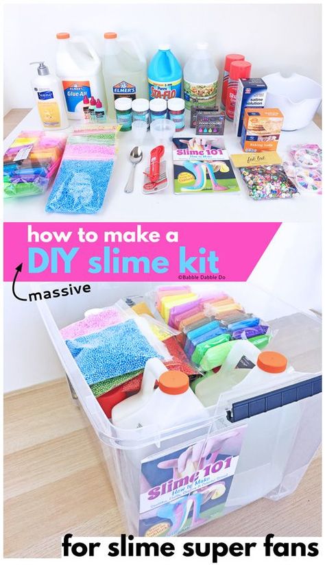 If you have a slime loving child, consider putting together this massive DIY Slime Kit that will keep them busy for a very long time! Diy Slime Kit, Slime Making Kit, Babble Dabble Do, Slime Birthday, Halloween Mason Jars, Summer Diy Projects, Slime Party, Kids Thanksgiving, Slime Kit