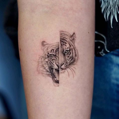 Micro Tiger Tattoo, Tiger Tattoo Realism, Tiger Tatoos Small, Half Tiger Tattoo, Tiny Tiger Tattoo, Unique Tiger Tattoo, Tiger Tatoos, Small Realism Tattoo, Tattoo Ideas Tiger