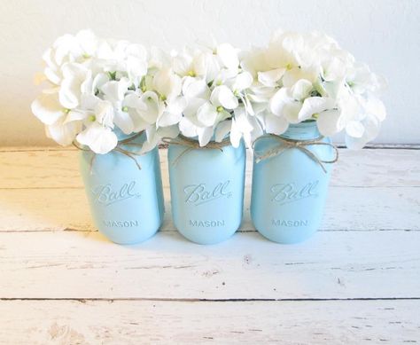 Mason Jar Centerpieces Light Blue Mason Jars Rustic Baby | Etsy Rustic Baby Shower Decor, Mason Jars Painted, Rustic Baby Shower Decorations, Shabby Chic Blue, Boy Baby Shower Centerpieces, Jar Centerpieces, Blue Mason Jars, Flower Pens, Mason Jar Wedding