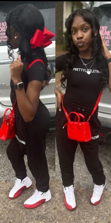 Red Baddie Outfits For School, Red Church Outfit, Red 4s Outfit, Red Baddie Outfits, Red Black And White Outfit Ideas, Cute Esthetic, Book Bags For School, Church Outfit Black Women, Baddie Outfits For School