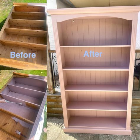 Upcycling a lovely solid bookshelf / bookcase, cleaned, sanded, cleaned and painted in this gorgeous subtle pink. Frenchchic paint from @137six_ @theemporium_redcliffe I love breathing new life in to older, good quality furniture. #upcycling #furniture #pinkfurniture #bookcase #paintedfurniture Hand Painted Bookshelf, Paint A Bookcase, Pink Bookshelf, Painted Bookshelf, Pink Bookshelves, Painted Bookshelves, Furniture Upcycling, Upcycling Furniture, Pink Furniture