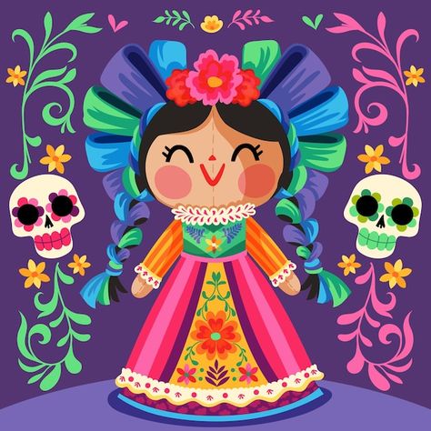 Diseño de ilustración de muñeca mexicana... | Premium Vector #Freepik #vector #muneca-mexicana #muneca #juguetes-mexicanos #cultura-mexicana Doll Illustration, Mexican Night, Latino Art, Mexican Doll, Doll Drawing, Mexican Skulls, Mexican Culture, Mexican Style, Vector Hand