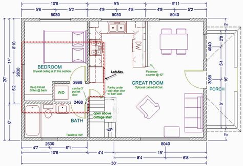 20'x30' 1-1/2 story cottage - love this cabin/cottage plan... any idea how much it would cost to build?? Cabin With Loft Floor Plans, Cabin Floor Plans With Loft, Floor Plans With Loft, 20x30 House Plans, Cabin Plans With Loft, Loft Floor Plans, Cabin Loft, House Plan With Loft, Porch Plans