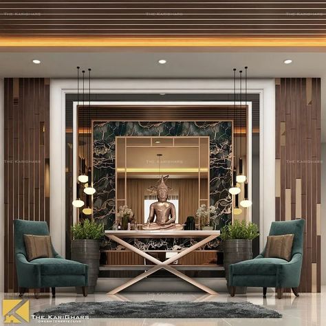 Simply return home and rejuvenate in the ever-comfortable and aesthetically pleasing sofa beside the divine and detailed sculpture of Buddha. Adorned by the trinity of bronze, brown and beige, this elegant foyer is designed with the divine feeling of home. A contemporary table placed between the grand chairs is a perfect setting for a welcome home gesture. The very pleasant lights curated to render warmth and hospitality are beautifully complementing the mood while the greens on both sides. Entrance Foyer Design Luxury, Foyer Design Luxury, Chinese Altar Design, Entrance Seating, Foyer Interior Design, Foyer Interior, Elegant Foyer, Foyer Designs, Entrance Foyer Design