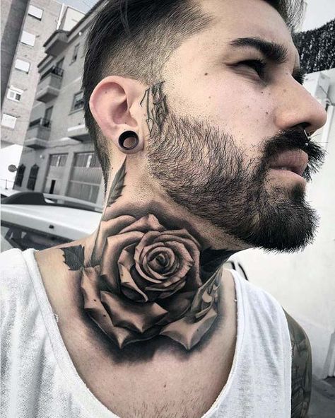 Nice Mens Shaded Rose Neck Tattoos Rose Neck Tattoo, Best Neck Tattoos, Side Neck Tattoo, Light Inspiration, Rose Tattoos For Men, Throat Tattoo, Neck Tattoo For Guys, Skeleton Hand Tattoo, Neck Tattoos