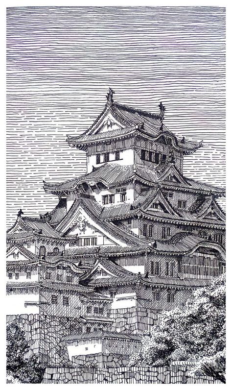 Japanese Background Drawing, Japanese Building Sketch, Japanese Street Sketch, Himeji Castle Drawing, Amazing Sketches Pencil, Japanese Castle Drawing, Modern Architecture Sketch, Japanese Sketch Art, Big Sketches