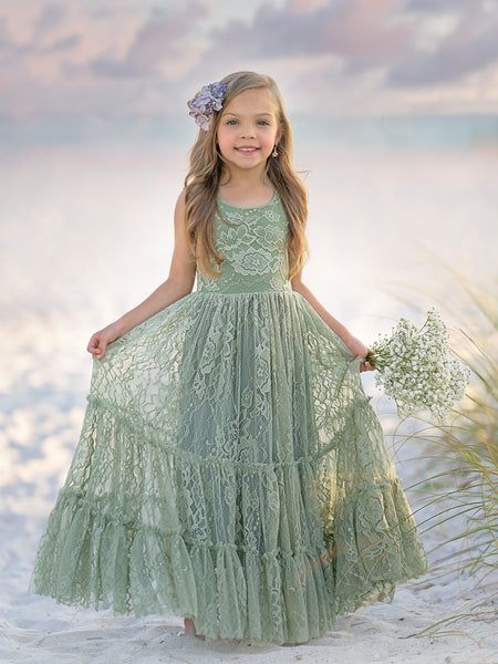 Lace Floor-length Green Dress (2003227904) Sage / 5T Product Code: 227904 					Embellishment: Lace 									Fabric: Lace 									Neckline: Scoop Neck 									Sleeve: Sleeveless 									Hemline/Train: Floor Length 									Back Style: V Back 									Shown Color: Green 									Age Group: Big Girl Sage Flower Girl Dress, Light Green Dress, Boho Flower Girl, Lace Neckline, Boho Green, Pageant Dresses, Big Girl, Birthday Dresses, Holiday Dresses