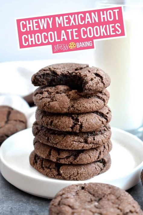 These Mexican hot chocolate cookies are soft and chewy with crisp, crackly tops and a subtle kick of heat - no mixer needed! | Chewy Mexican Hot Chocolate Cookies | chewy chocolate cookies | spicy cookies | chocolate snickerdoodles | chocolate crinkle cookies | stress baking recipes | stressbaking.com @stressbaking #stressbaking #cookies #chocolatecookies #chocolate Mexican Chocolate Cookies, Chocolate Snickerdoodles, Mexican Hot Chocolate Cookies, Chocolate Abuelita, Mexican Cookies, Spicy Chocolate, Chewy Chocolate Cookies, Hot Chocolate Cookies, Mexican Chocolate