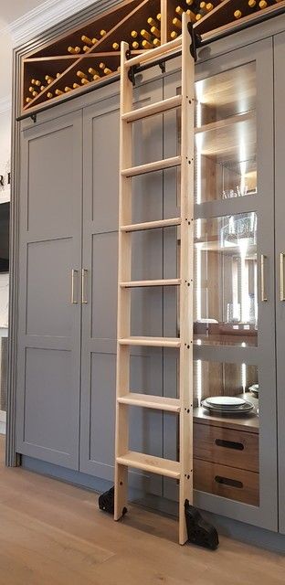 Ladder For Tall Kitchen Cabinets, Kitchen Sliding Ladder, Ladder Bookshelf Bar, Library Ladder In Closet, Ladder In Pantry, Bookshelf With Ladder Diy, Bar With Ladder, Ladder For Bookshelf, Pantry Bar Ideas