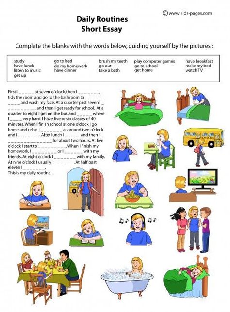 daily 5 | Kids Pages - Daily Routines - Short Essay Daily Routine Worksheet, Ingles Kids, Art Essay, Essay Ideas, Routine Schedule, Therapy Art, English Teaching Materials, Simple Present, English Exercises