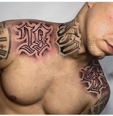 Chest Shading Tattoo, Upper Trap Tattoo Men, Top Of Shoulder Tattoo Men Ideas, Upper Collar Bone Tattoo, Chest Number Tattoo, Deltoid Tattoo Men, Shoulder Lettering Tattoo, Number Chest Tattoo, Neck Sleeve Tattoo Men