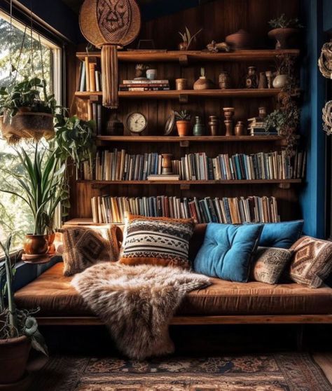 glowtinggg Studio Room, Blue Library Aesthetic, Boho House, Blue Library, Inner Sanctum, Art Studio Room, Office Background, Library Aesthetic, Deco Boheme