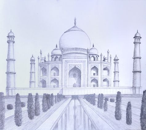 7 Wonders Drawing, My Favourite Monument Drawing, Historical Places Drawing, 7 Wonders Of The World Drawing, Taj Mahal Sketch, 7 Wonders Of The World, Mughal Emperor, Shah Jahan, Random Drawings