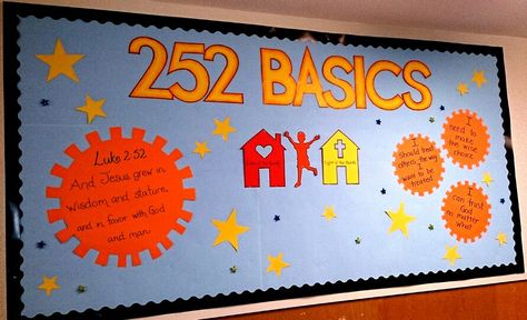 Our 252 Basics board! 252 Basics, Family Ministry, Children Ministry, Sunday School Rooms, Orange Things, Spring Bulletin Boards, Mini City, Stage Set Design, Kids Ministry