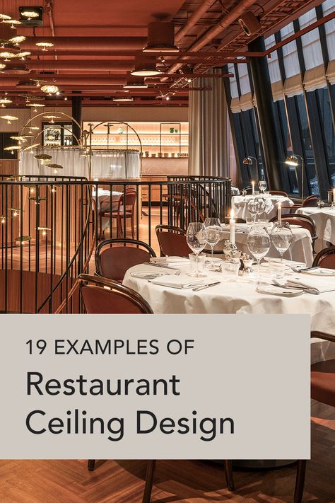 A sophisticated restaurant with circular tables and golden light fixtures that suspend from the rose-coloured ceiling Fabric False Ceiling, Restaurant Ceiling Design, Ceiling Layout, Restaurant Ceiling, Ceiling Design Modern, Ceiling Treatments, Suspended Ceiling, Creative Freedom, Vaulted Ceilings