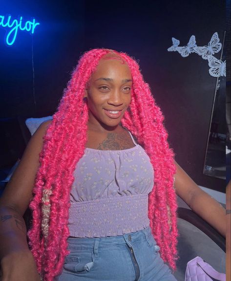 Pink Butterfly Locs, Pink Faux Locs, Bohemian Faux Locs, Pink Hairstyles, Butterfly Braid, Pink Bohemian, Butterfly Locs, Natural Black Women, Locs Hairstyles