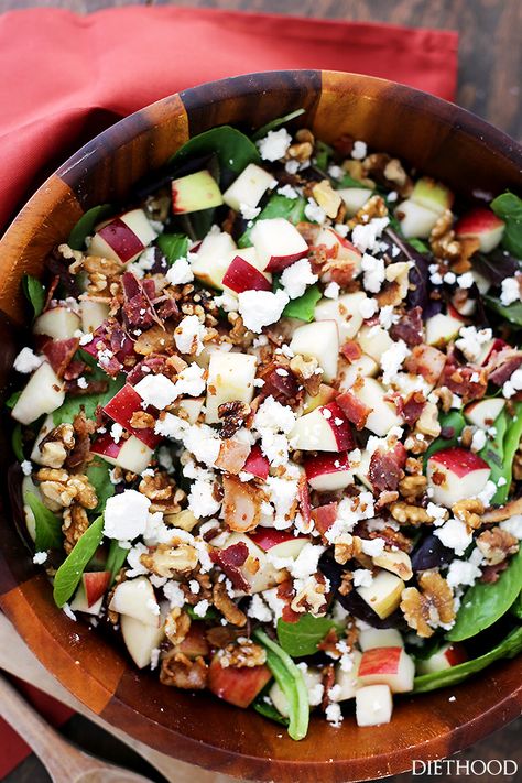 Apples and Bacon Salad with Maple-Balsamic Vinaigrette | www.diethood.com | Made with apples, bacon, feta cheese, walnuts and a Maple-Balsamic Vinaigrette Dressing, this wonderful Fall-flavored salad is sweet, tangy, crunchy, and beyond delicious! Maple Balsamic Vinaigrette, Apple Cranberry Salad, Balsamic Vinaigrette Recipe, Apple Walnut Salad, Apple Salad Recipes, Balsamic Vinaigrette Dressing, Maple Balsamic, Spinach Salad Recipes, Vinaigrette Recipe