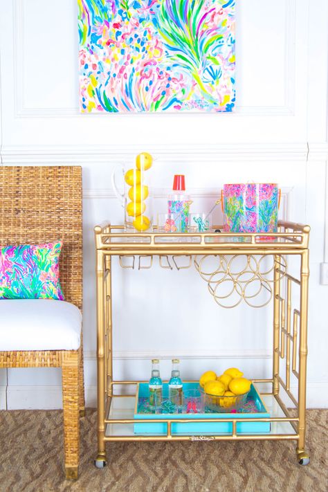 Lilly Pulitzer Room, Gold Bar Cart, Bar Sala, Lilly Pulitzer Inspired, Palm Beach Style, Bar Cart Styling, Society Social, Cocktails Bar, Bar Cart Decor