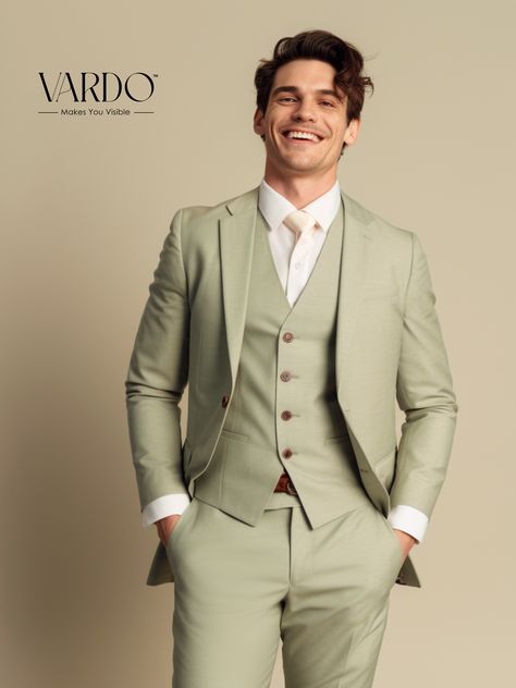 Sage Green Suit For Man Green Three Piece Suit Men, Green Groom Suit, Men Tailored Suit, Green Suit Men, Designer Suits For Men, Flower Meanings, The Rising Sun, Green Suit, Party Kleidung