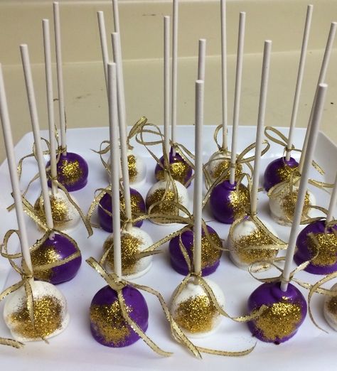 Purple And Gold Gender Reveal, Purple And Gold Candy Table, Purple And Gold Treat Table, Purple And Gold 60th Birthday Party, Purple And Gold Cookies, Purple And Gold Cake Pops, Purple And Gold Theme Party, Purple And Gold Graduation Decorations, Lavender And Gold Graduation Party