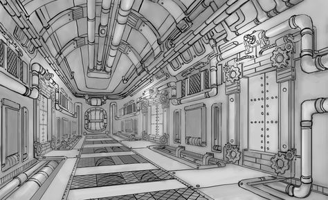 Sci Fi Laboratory Concept Art, Steampunk Spaceship, Spaceship Corridor, Spaceship Aesthetic, Spaceship Drawing, Cartoon Spaceship, Spaceship Illustration, Steampunk Interior, Scifi Environment