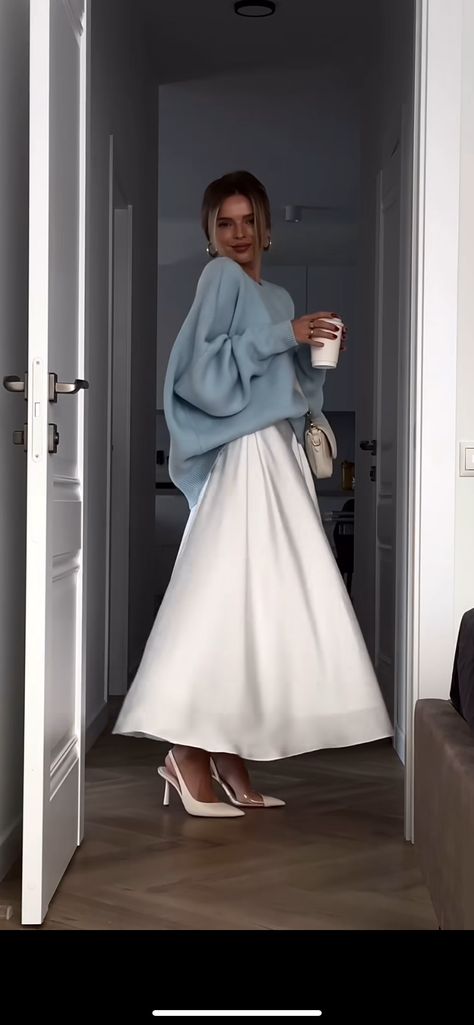 Luxury Classy Outfits, Cute Winter Church Outfits For Women, Wearing Dress In Winter, Quiet Luxury Women Outfit, Dusty Blue Sweater Outfit, Bridal Outfit Ideas Casual, 2024 Modest Fashion, Winter White Outfit Dressy, Romantic Feminine Style Outfits