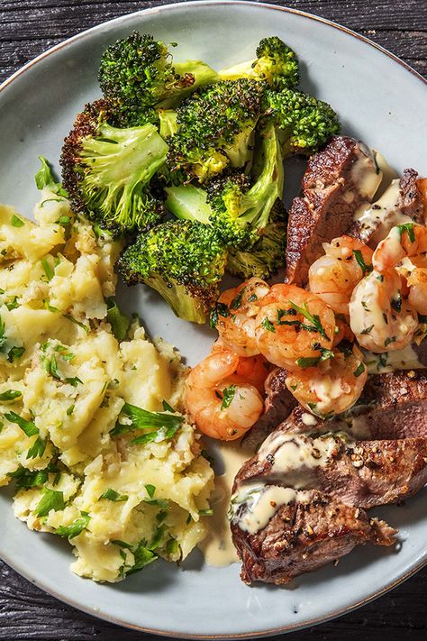 Fresh Dinner Recipes, Smooth Mashed Potatoes, Steak Broccoli, Steak And Shrimp, Hello Fresh Recipes, Surf And Turf, Garlic Shrimp, Steak Dinner, Meal Kit