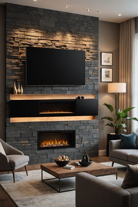 20 Modern Living Room TV Wall Ideas – ToolzView Wall Tv Height, Fireplaces With Tvs Above, Living Room Tv Wall Stone, Black Accent Wall Fireplace Living Room, Wood Tv Wall Ideas Living Room, Unusual Media Wall, 75 Inch Tv Wall Ideas Living Room, Living Room Accent Wall Ideas With Tv And Fireplace, Tv Feature Wall Living Room Modern