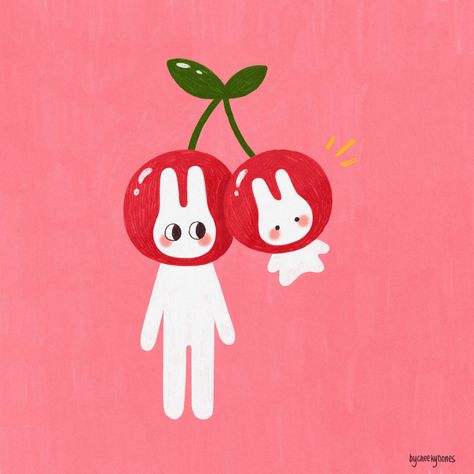 digital illustration of two white bunnies wearing cherry heads - made using procreate Cherry Illustration Design, Korean Illustration Cute, Iphone Icon Ideas, Cherry Character, Cute Icons For Apps, Cherry Icon, Cherry Illustration, Kitty Clipart, Hello Kitty Clipart