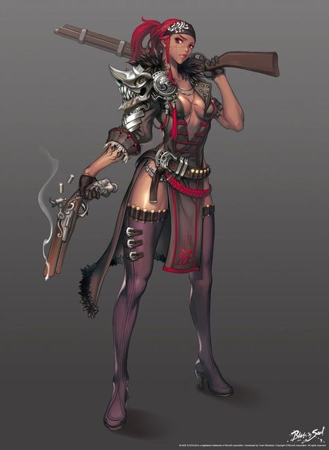 Gon Female Gunslinger from Blade & Soul Female Gunslinger, Evelynn League Of Legends, Character Design Cartoon, Pirate Art, Warrior Girl, Afro Art, Fantasy Warrior, Arte Fantasy, Girls Characters