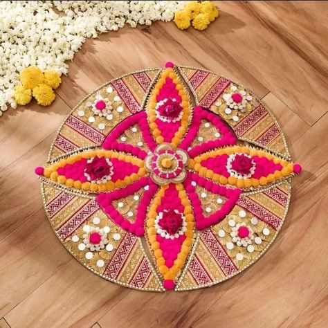 Big Pom Pom Rangoli Size 22 to 24 inch Base MDF DM us for more details or WhatsApp us on 9867422790 Aesthetic Rangoli, Housewarming Favors, Kundan Rangoli, Tea Party Decor, Acrylic Rangoli, Round Candle Holder, Round Candle, Diwali Decoration Items, Round Candles