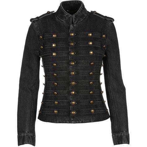 Officer Military Denim Jacket (34.520 ARS) ❤ liked on Polyvore featuring outerwear, jackets, blue black, stand up collar jacket, military jackets, yves saint laurent, yves saint laurent jacket and jean jacket Denim Jacket Trend, Embellished Jackets, Saint Laurent Jacket, Long Sleeve Jean Jacket, Military Inspired Jacket, Embellished Denim Jacket, Jackets Black, Stand Collar Jackets, Embellished Jacket