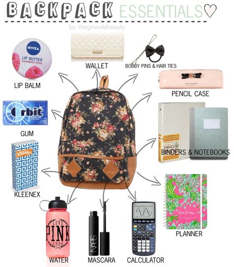 Ariana inspired backpack essentials. *Requested* Backpack Essentials: Wallet Bobby Pins  Hair Ties Pencil case  Binders  Notebooks Planner Calculator Mascara Water Kleenex Gum Lipbalm Schul Survival Kits, Diy Back To School Supplies, Middle School Supplies, Escuela Diy, School Emergency Kit, Middle School Survival, Middle School Hacks, School Survival Kits, School Preparation