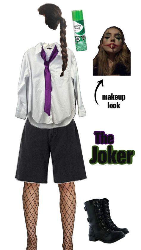 purple tie, green hairspray, white button down shirt, black jorts, black fishnets, joker makeup, black combat boots Female Joker Costume, Joker Halloween Costume, Female Joker, Joker Halloween, Joker Costume, Dc Villains, Halloween Costume, Halloween Costumes, Black And White