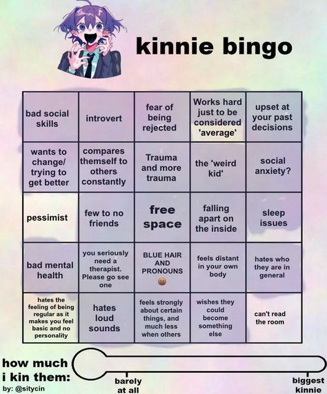 Mona Kinnie Bingo, Ena Kinnie Bingo, Abnormality Dancing, Kinnie Bingo, Comfort Characters, Social Change, The Purple, Body Health, Blue Hair