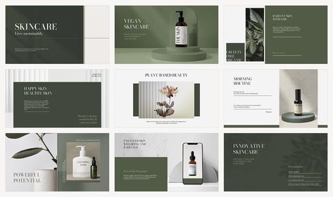 Skin Care Presentation Design, Product Pitch Presentation, Green Skincare Aesthetic, Skincare Presentation, Aesthetic Presentation Template, Ppt Inspiration, Vegan Cosmetics Brands, Aesthetic Presentation, Cosmetic Branding