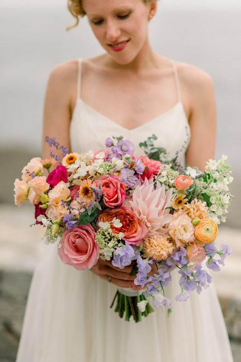 Bright Colorful Bouquet Brides, Multicolored Wedding Bouquets, Wedding Bouquet Spring Flowers, Colorful June Wedding Flowers, Bridesmaids With Colourful Flowers, Boho Summer Wedding Bouquet, Wedding Florals Bright, Bride Bouquet Colorful, Small Colorful Wedding Bouquet