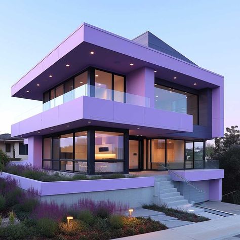 Pink And Purple Home Decor, Purple Modern House, Purple House Interior, Purple And White Room Ideas, Purple Combination Colors, Purple House Aesthetic, Purple Lifestyle, Purple Houses, Purple House