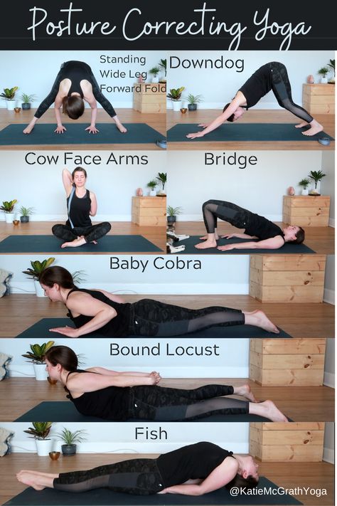 These yoga poses help to lengthen your spine, un-round your shoulders, and strengthen the core to help support proper posture.  The great thing about yoga is that it also increases your body awareness, so over time you’ll start to catch yourself in bad posture and automatically correct it.  Do these yoga poses as often as you can in order to correct posture and maintain correct alignment. Get Better Posture, Bad Posture Exercises, Posture Correction Exercises, Hip Opening Yoga, Calm The Mind, Strengthen Your Core, Yoga Tutorial, Posture Exercises, Release Tension