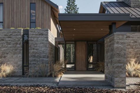 SGD A Modern Mountain Architecture, Rustic Modern Home Exterior, Mountain Modern Exterior, Architectural Farmhouse, Modern Mountain Home Exterior, Beige Room Decor, 2024 Living Room, Modern Front Porches, Modern Front Porch