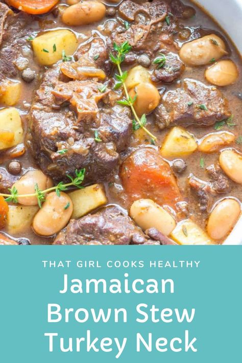 If you love Jamaican oxtail then you will definitely enjoy this recipe. I'm talking pieces of turkey neck that are generously seasoned, seared to lock in that flavour then cooked in the slow cooker for several hours until a rich gravy is formed. #jamaicanfood #caribbeanfood #comfortfood #slowcooker #crockpot Turkey Neck Stew Recipe, Jamaican Food Truck Ideas, Carribean Crockpot Recipes, Slow Cooker Turkey Necks, Stewed Turkey Necks, Turkey Neck Crockpot Recipes, Smoked Turkey Necks Recipes Slow Cooker, Turkey Neck Oxtail, Turkey Necks Crockpot Slow Cooker