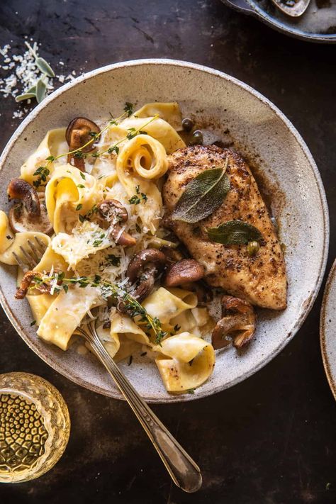 Browned Sage Butter Chicken Piccata with Mushroom Pasta...delicious, warming flavors over creamy pasta. The perfect dish for a fall night! Sage Butter Chicken, Easy Chicken Piccata, Half Baked Harvest Recipes, Poultry Dishes, Sage Butter, Idee Pasto, Harvest Recipes, Chicken Piccata, Mushroom Pasta