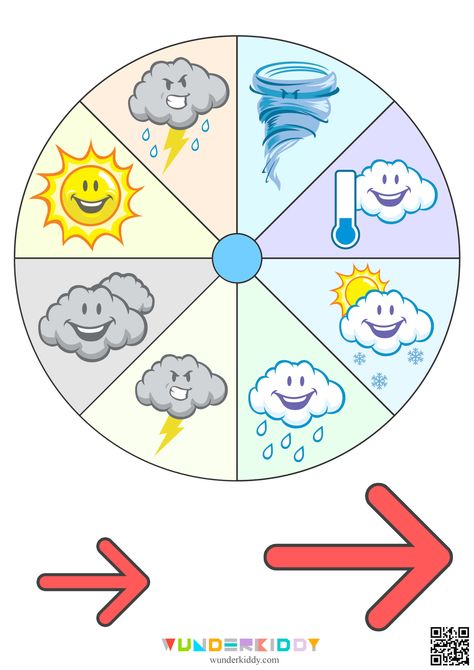 Printable template Today's Weather is made to help children to maintain an everyday weather journal and to develop their attention and analytical thinking.  The template is well suited for kindergarten group activities.  Print free templates and cut out all elements. For better usage, we recommend laminating of the items.  The set consists of two samples: round diagram with rotating arrows; sheet with blank areas for a thermometer and a square card. Using velcro, fix on the blank areas a thermom Kindergarten Weather Chart, Weather Printables Preschool Free, Weather Journal, Weather Activities Preschool, Seasons Chart, Weather Activities For Kids, Teaching Weather, Analytical Thinking, Weather Cards