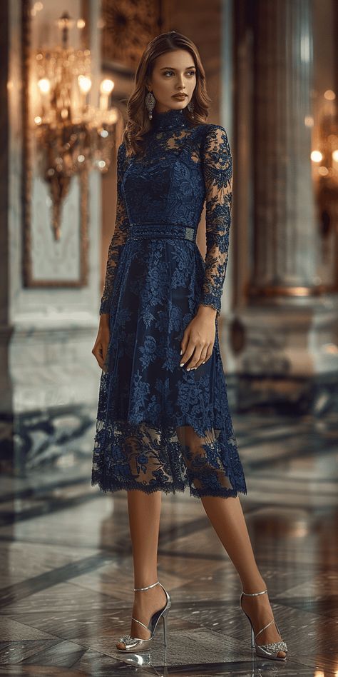 Stylish Fall Wedding Guest Outfit for Women: Navy Lace Dress Fall Wedding Guest Outfit, Fall Wedding Attire, Wedding Guest Outfit Fall, Semi Formal Wedding, Fall Wedding Guest, Navy Lace Dress, Guest Attire, Nice Clothes, Beautiful Dress Designs