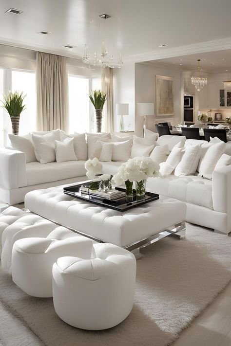 Living Room Decor White Furniture, Decorating All White Living Room, Luxury Elegant Living Room, White Walls Gray Couch, White Living Rooms Ideas, All White Living Room Ideas, White Leather Couch Living Room, Comfy Sectional Sofa, All White Living Room