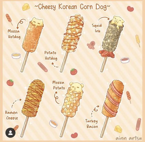 Japanese Food Menu, Korean Corn Dog, Korean Corn, Cheese Pull, Homemade Cookbook, Food Doodles, Food Infographic, Art Cafe, Food Artwork