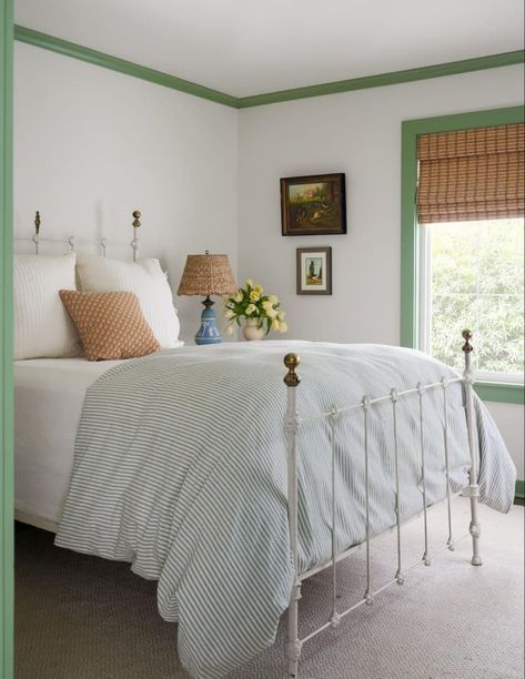 Green Trim White Walls, Best Paint For Trim, Katie Davis Design, Katie Davis, Old House Renovation, Fine Paints Of Europe, Trim Paint Color, Yellow Decorative Pillows, Trim Paint