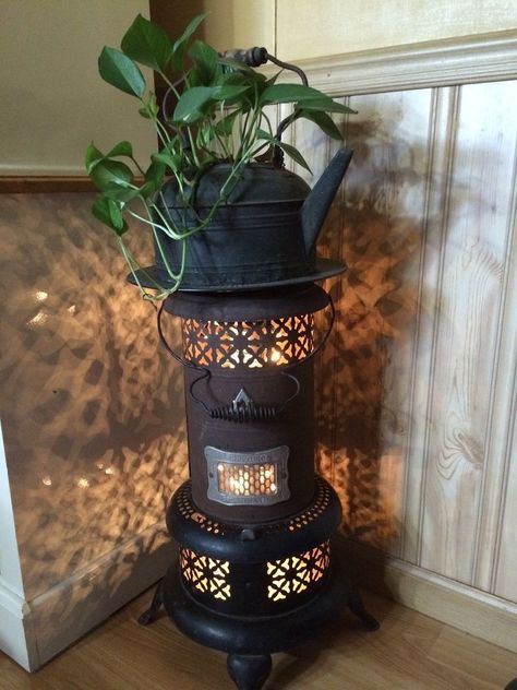 Porch Heater, Farmhouse Lamp, String Lights Inside, Farmhouse Hutch, Kerosene Heater, Oil Heater, Repurposed Lamp, Old Stove, Farmhouse Lamps