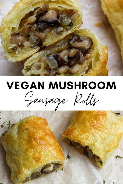 A delicious, veggie alternative to a classic sausage roll packed with mixed mushrooms, caramalised onions and pearl barley. Easily made vegan by subbing in nut milk for the egg wash and by using vegan puff pastry! Puff Pastry Sausage Rolls, Vegan Diner, Vegan Sausage Rolls, Vegetarian Snack, Chestnut Recipes, Vegetarian Sausages, Veggie Sausage, Vegan Sausage, Vegan Comfort Food