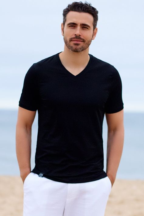 Black Silky V Neck Tee Over 50 Fitness, Under Shirt, Yacht Life, Mens Casual Dress, Men Clothes, Tee Outfit, Tshirt Outfits, Mens Casual, Casual Style Outfits